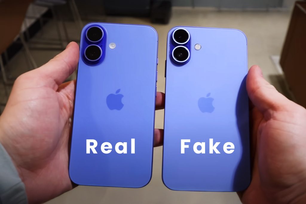 photo of a the back of a real and fake iPhone side by side