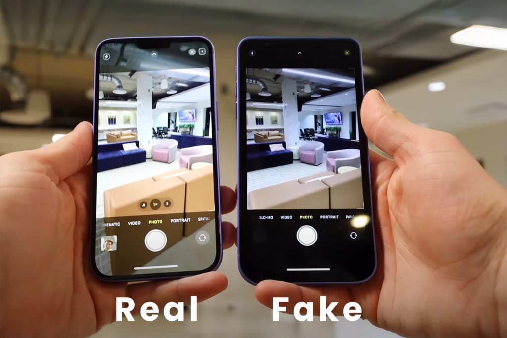 photo of a the front of a real and fake iPhone side by side
